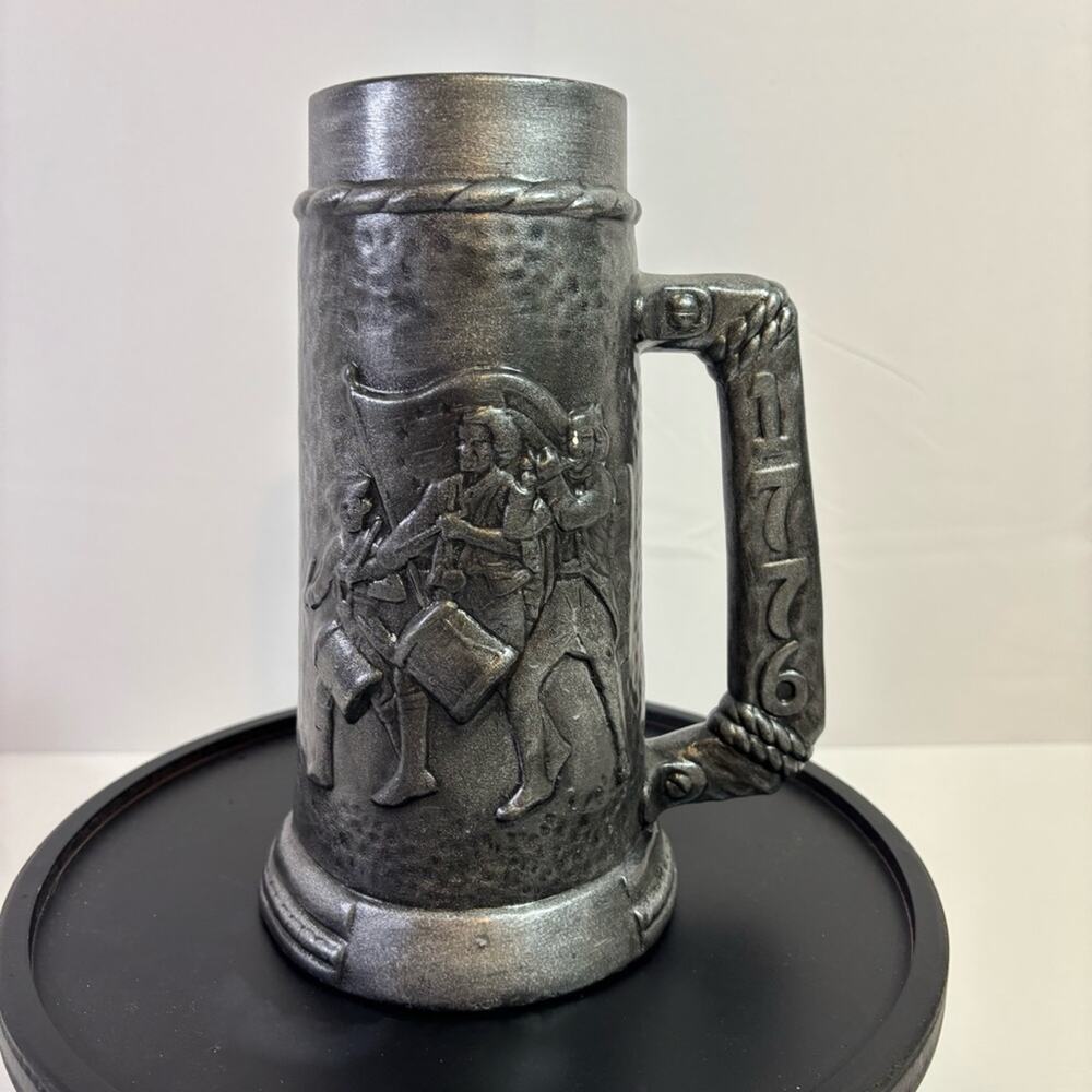 Faux Pewter Silver Mug with Intricate Early America Historical Design C2